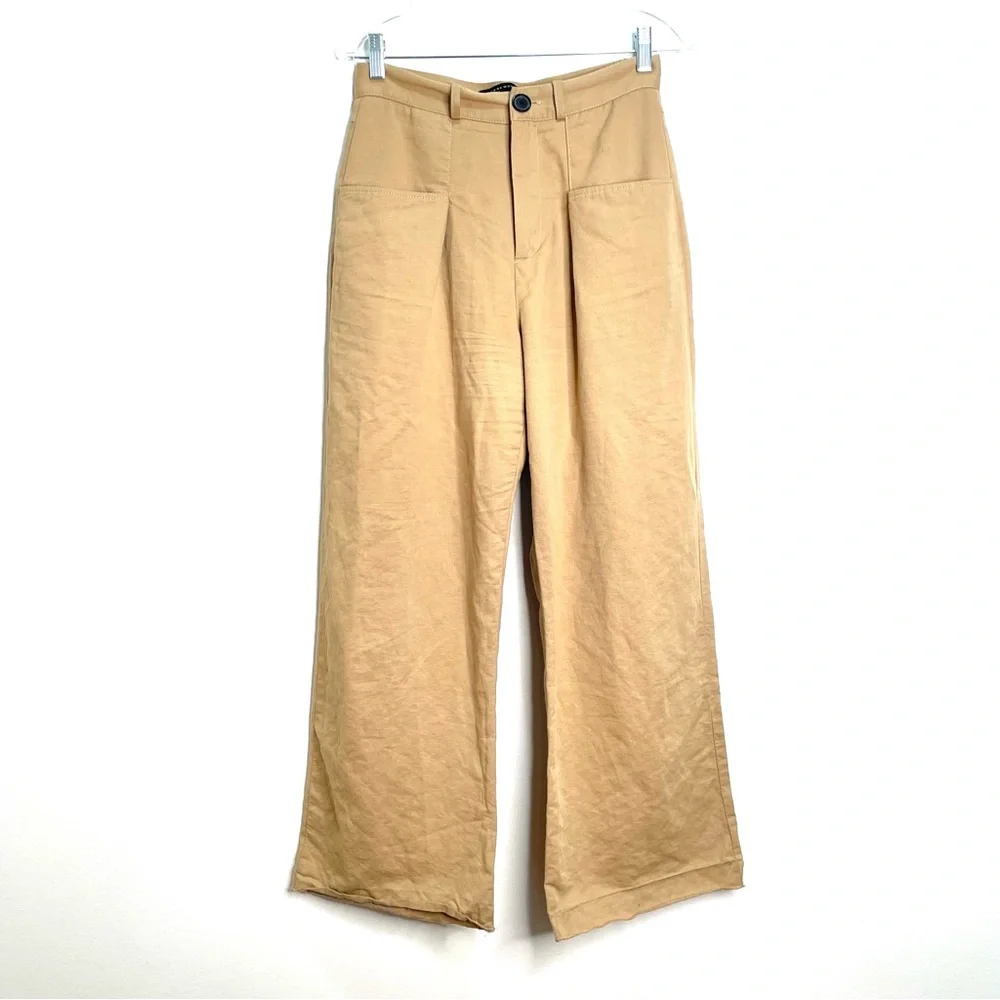 Zara Woman Tan High waisted wide leg Linen Cotton blend pants S